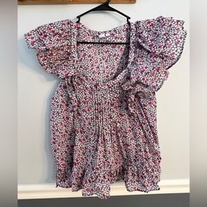 GAP 100% Cotton Floral Smocked Peplum Top Women’s Large Cotton Puff Sleeve